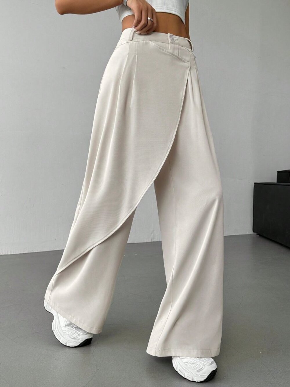 Beige Casual Women's Minimalist Asymmetrical Loose Wide-Leg Pants
